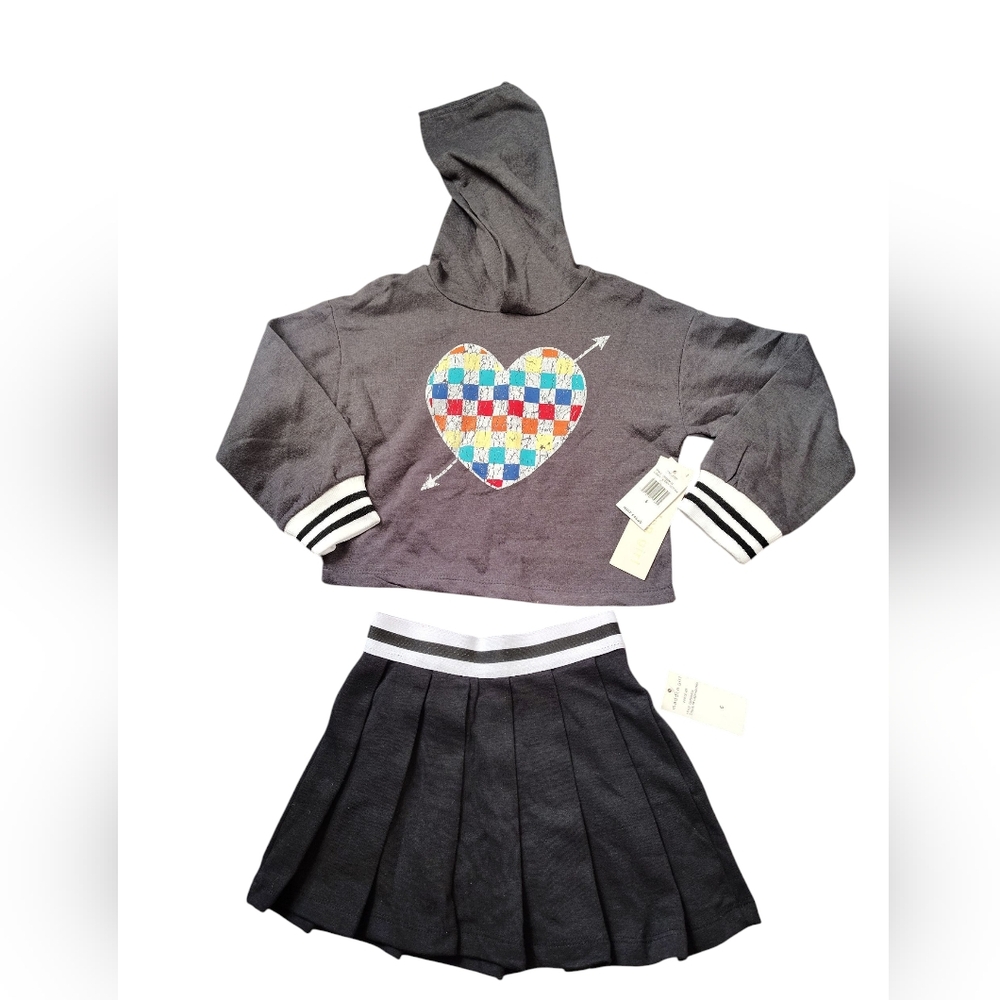 Madden Girl Gray & Black Multicolor Hoodie and Skirt Set with Heart Design
